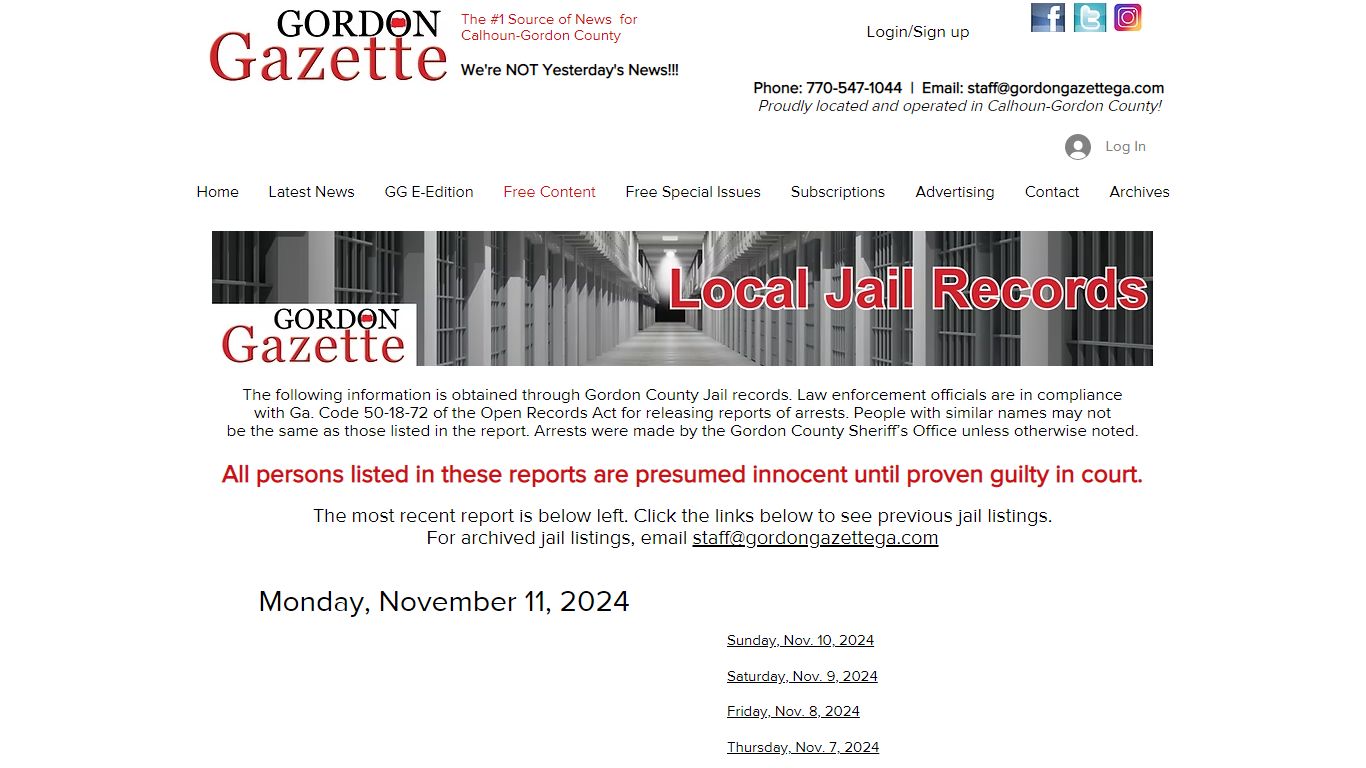 Jail Records | Gordon Gazette